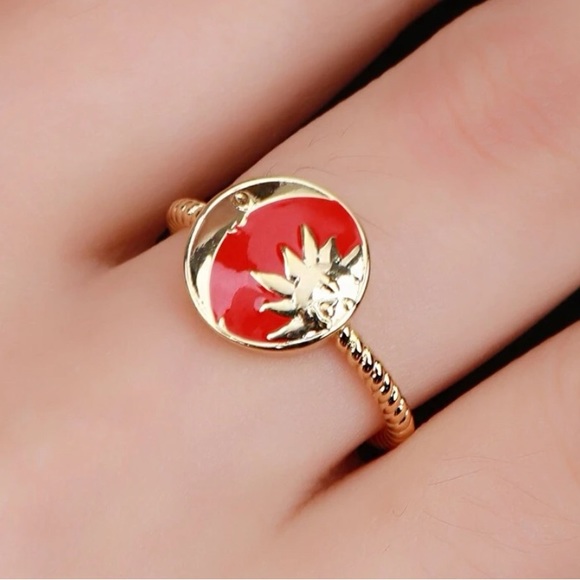 New Gold Dipped Red Enamel Sun & Moon Textured Cuff Ring / Red & Gold Boho Vibes - Picture 10 of 15